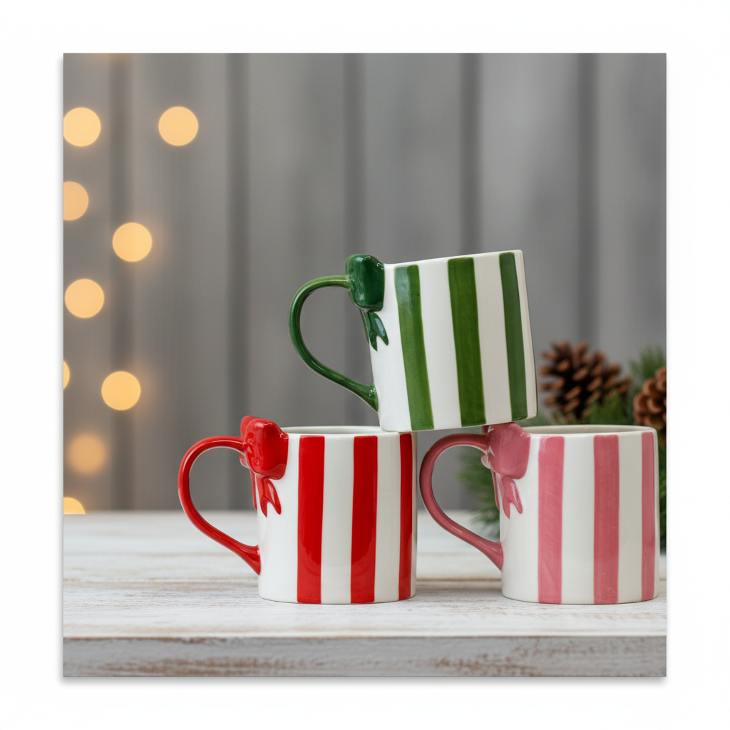 Christmas Deco Hand Painted Bow Ceramic Mug