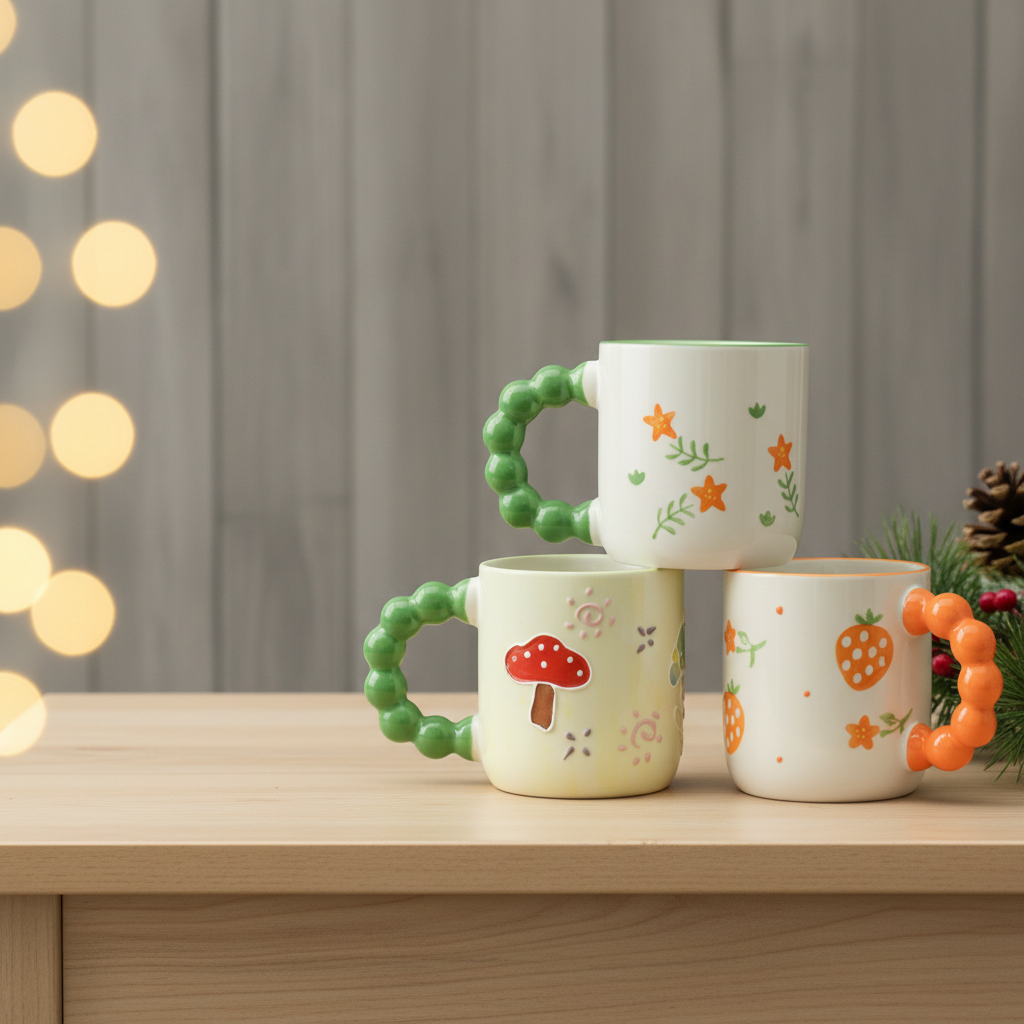Cute Floral & Fruit Mug with Beaded Handle