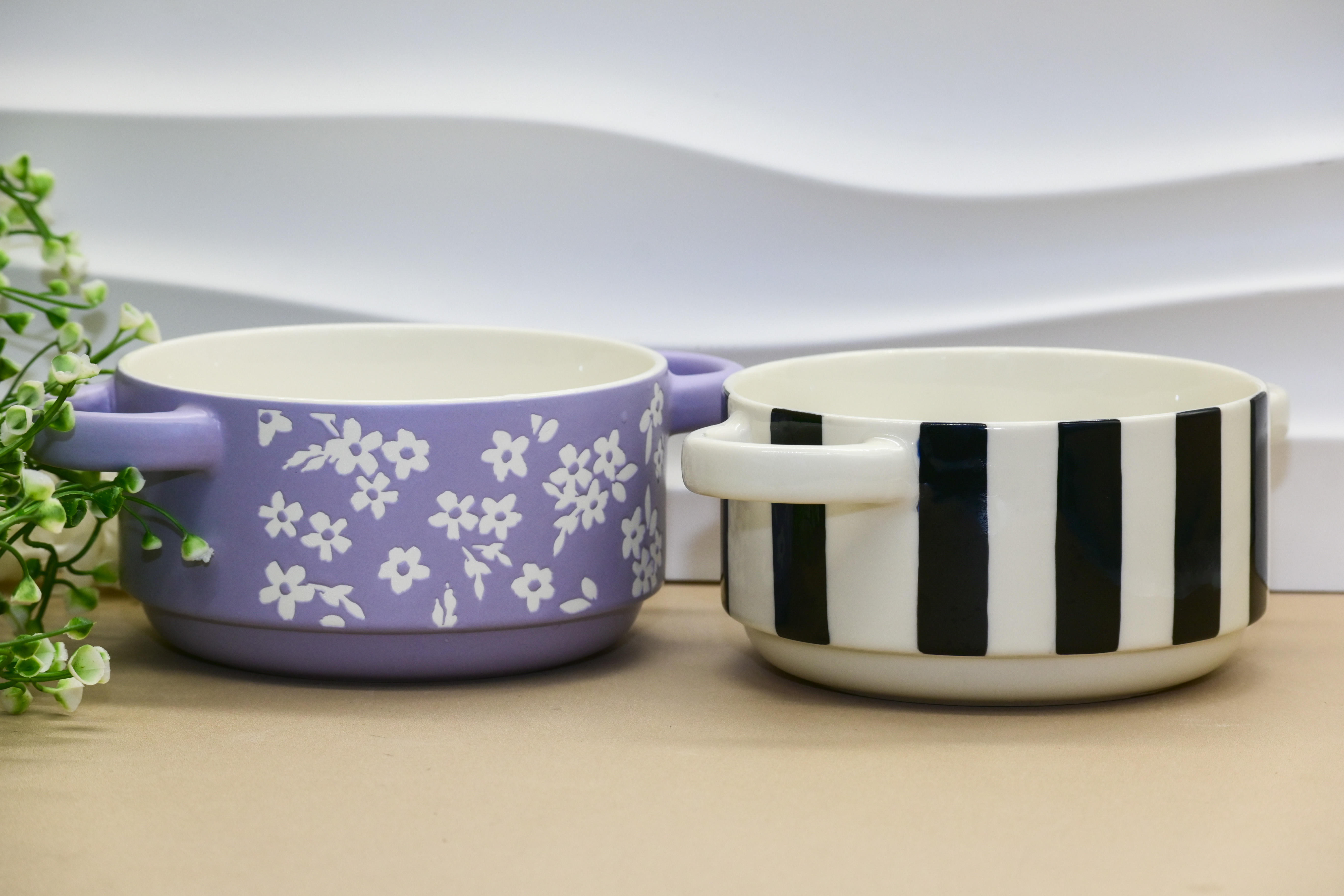 Floral & Stripe Double Handle Bowl