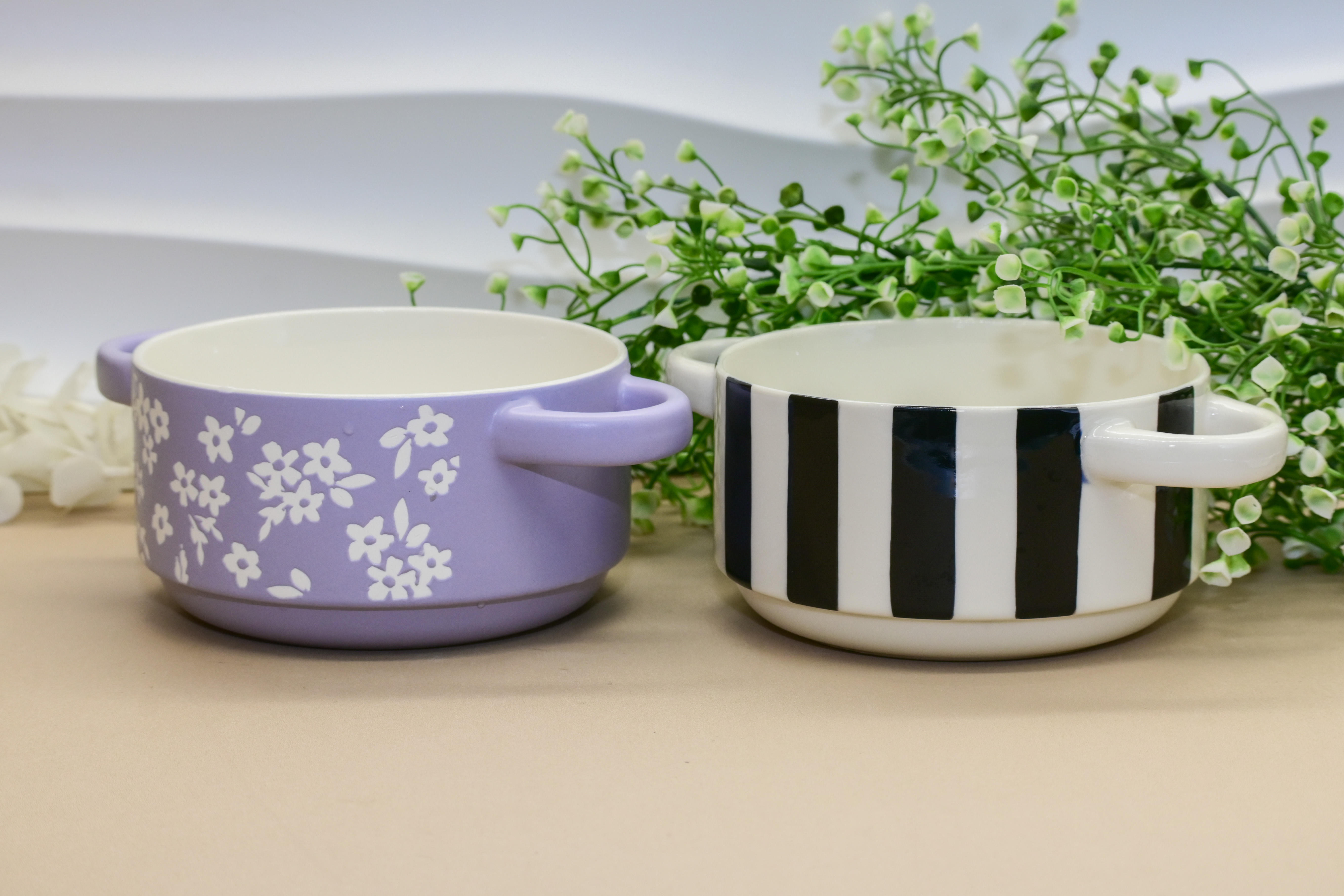 Floral & Stripe Double Handle Bowl