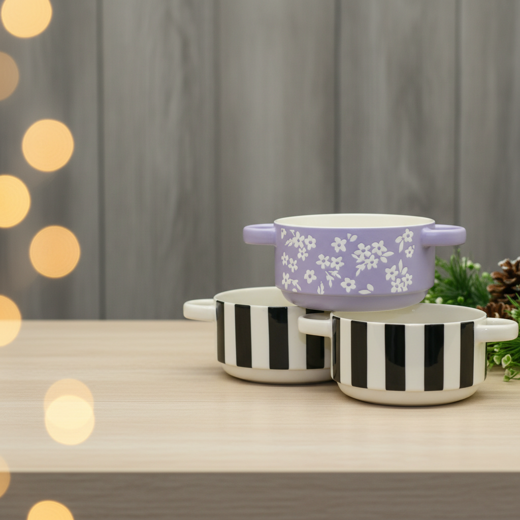 Floral & Stripe Double Handle Bowl